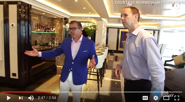 Chairman Frank Del Rio (left) gives USA Today a tour of the $10,000 per night Regent Suites