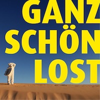 Hier stünde das Logo des neuen Kurzfilmwettbewerbs "ganz schön lost". Zu sehen ist ein Eisbär mit einem Surfbrett in der Wüste. 