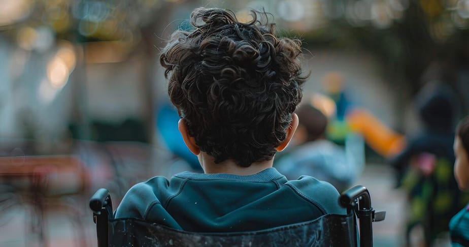 Back view of a person with curly hair sitting in a wheelchair outdoors