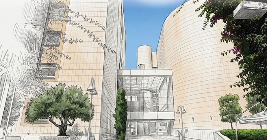 Sketch-style image of the Adnan Kassar School of Business Building on the LAU Beirut campus.