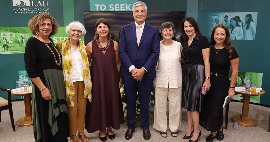 Members of Dr. Salwa Nassar's family with LAU President Chaouki T. Abdallah and the project team at the book launch.