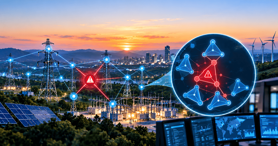 Smart power grid with digital network connectivity and cybersecurity alert symbol over an electric substation at sunset with solar panels and wind turbines in the background.