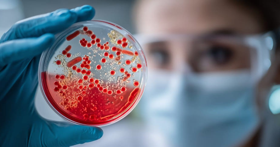 Scientist wearing blue gloves and a face mask holding a petri dish with red and beige bacterial colonies.