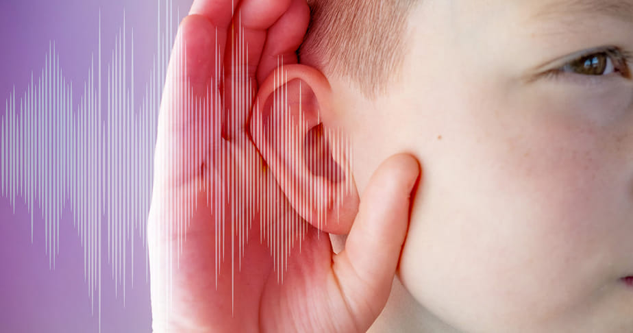 Close-up of a child holding their hand to their ear as if trying to listen, with stylized sound wave graphics overlayed on a purple background.