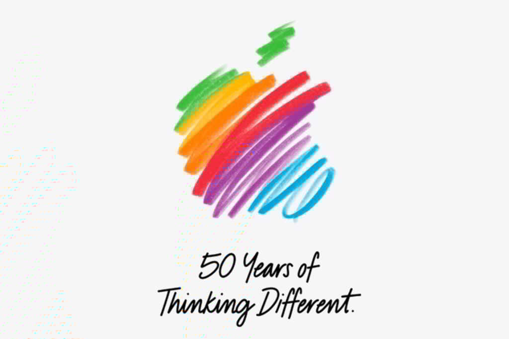 apple logo scribbled with "50 years of thinking different" underneath